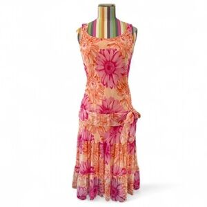 Hi Studio Johnathan Martin 100% Silk Drop Waist Orange Pink Sunflower Dress